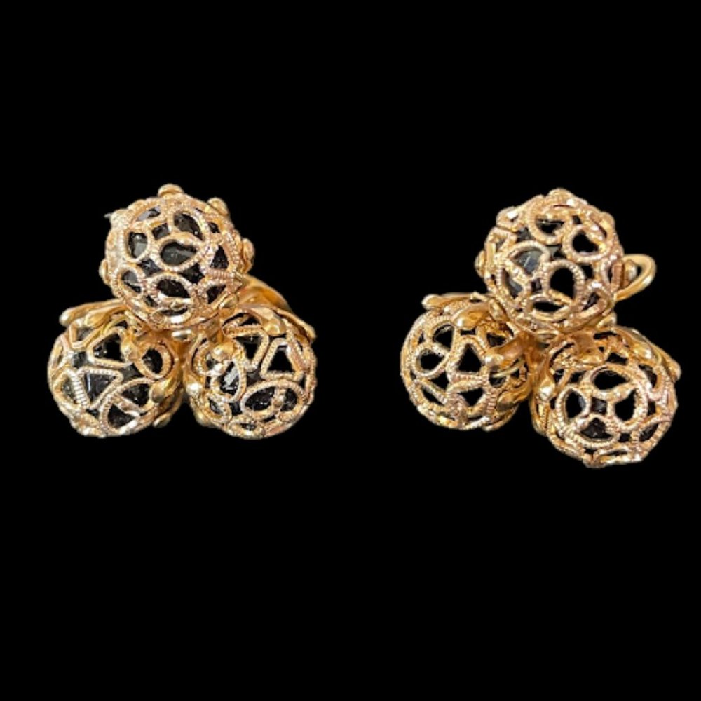 Vintage Vogue Gold Tone Filigree Black Rhinestone Ball Earrings Clip-ons Signed